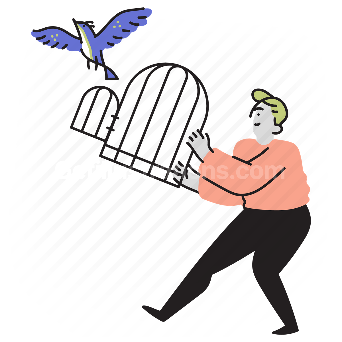 bird, birdcage, cage, freedom, release, man, people, pet
